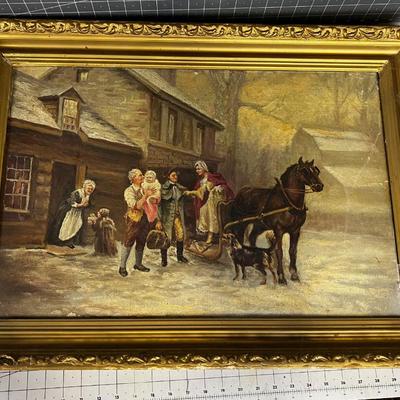 Antique Oil on Canvas, Winter Sleigh Ride 