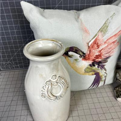 Pot, Pillow and Candle Sticks (5) Pieces. 