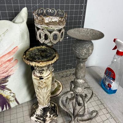 Pot, Pillow and Candle Sticks (5) Pieces. 