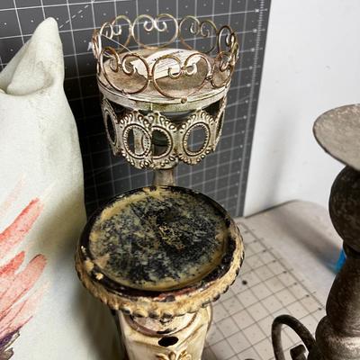 Pot, Pillow and Candle Sticks (5) Pieces. 