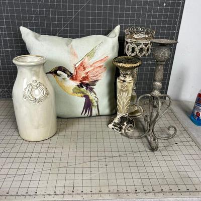 Pot, Pillow and Candle Sticks (5) Pieces. 
