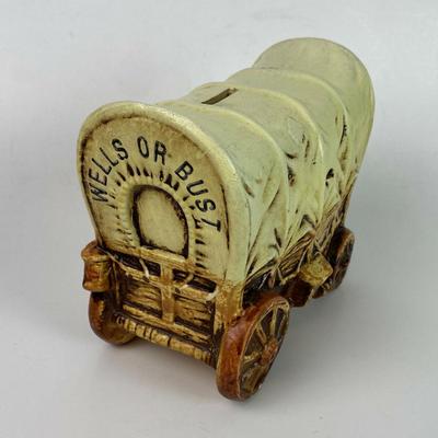 vintage CERAMIC COVERED WAGON STILL BANK 