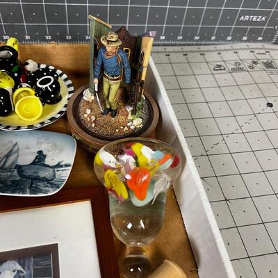 Tray of Decorative Items: John Wayne, Button Doll, Silver Cup