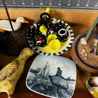 Tray of Decorative Items: John Wayne, Button Doll, Silver Cup