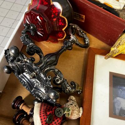 Tray of Decorative Items: John Wayne, Button Doll, Silver Cup