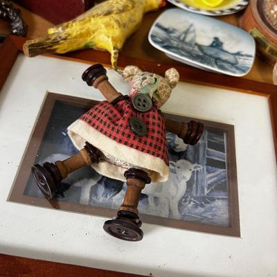 Tray of Decorative Items: John Wayne, Button Doll, Silver Cup