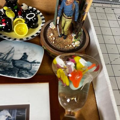 Tray of Decorative Items: John Wayne, Button Doll, Silver Cup
