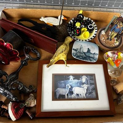 Tray of Decorative Items: John Wayne, Button Doll, Silver Cup