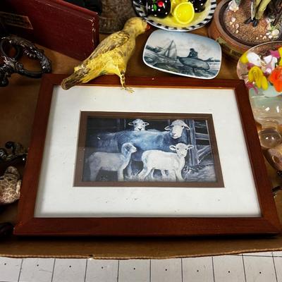 Tray of Decorative Items: John Wayne, Button Doll, Silver Cup
