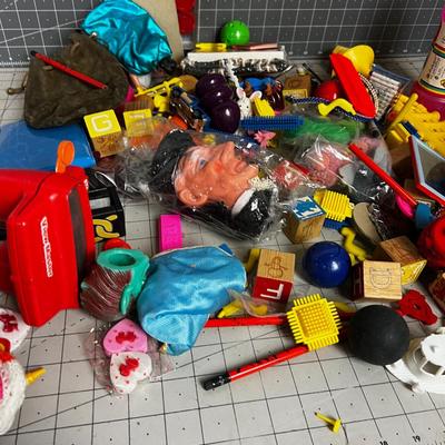 Box full TOYS, Parts and Pieces of Vintage Children's do das, figurines. 