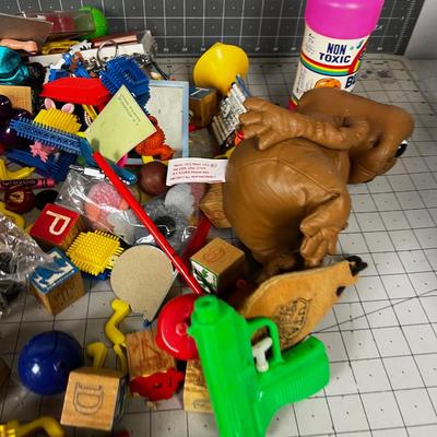 Box full TOYS, Parts and Pieces of Vintage Children's do das, figurines. 
