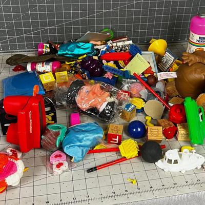 Box full TOYS, Parts and Pieces of Vintage Children's do das, figurines. 