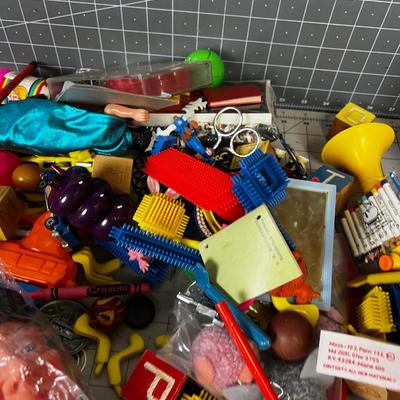 Box full TOYS, Parts and Pieces of Vintage Children's do das, figurines. 