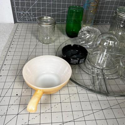 GLASS: Corn Holders, Jars, MCM Drinking Glass, 