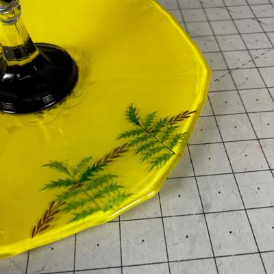 Yellow Glass Serving Tray with Handle and Hand Decorated. 