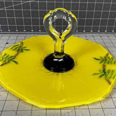 Yellow Glass Serving Tray with Handle and Hand Decorated. 