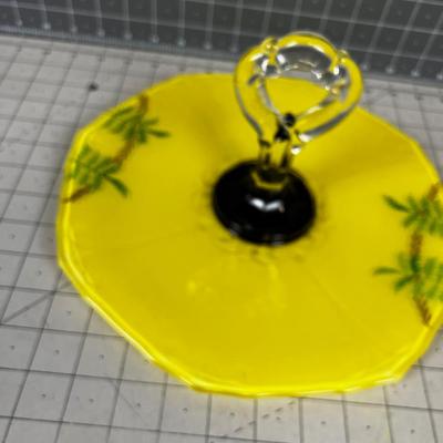 Yellow Glass Serving Tray with Handle and Hand Decorated. 
