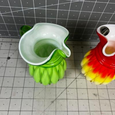 Kanawha Cased Glass Small Pitchers (2) Green & Orange/Yellow. 