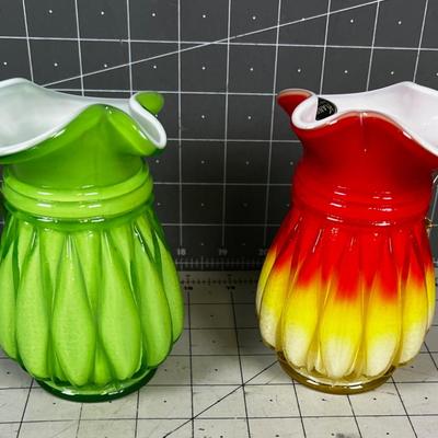 Kanawha Cased Glass Small Pitchers (2) Green & Orange/Yellow. 
