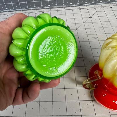 Kanawha Cased Glass Small Pitchers (2) Green & Orange/Yellow. 