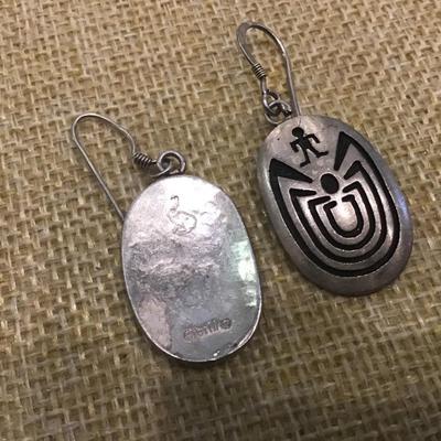 Vintage Hopi Sterling Silver Man In Maze Earrings Jewelry Signed Stamped