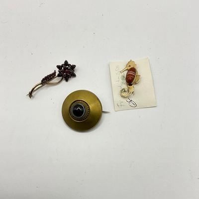 866 Antique Etruscan Brooch Pin with Gold filled Garnet Flower Pin