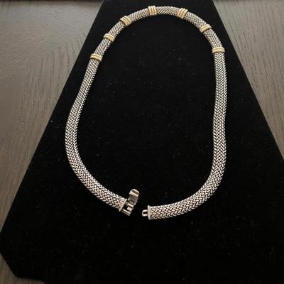 18k Yellow Gold & Sterling Silver Oxidized Woven Chain Bali Style Necklace