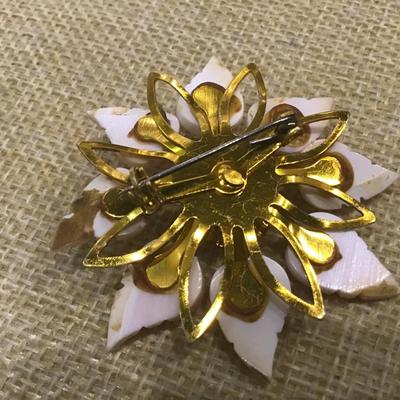 Vintage Gold Tone Faux Angel Skin Coral and Faux Pearl Flower Brooch