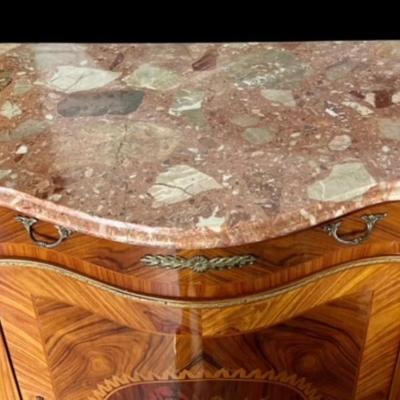 Louis XVI Style Marquetry and Ormolu Sideboard/Cabinet with Pink Stone Top