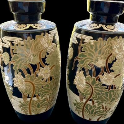 Pair of Extra Large Chinoiserie Style Lotus Leaf Ceramic Vases