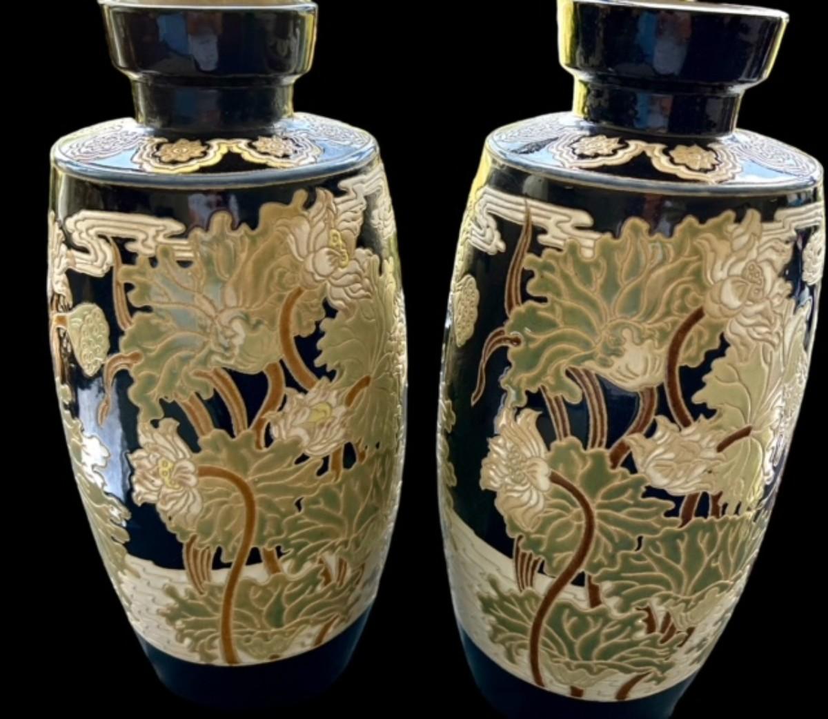 Pair of Extra Large Chinoiserie Style Lotus Leaf Ceramic Vases
