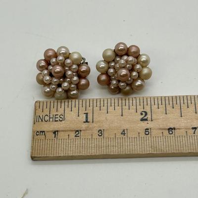 Vintage Champagne Faux Pearl Cluster Button Clip Style Earrings Japan