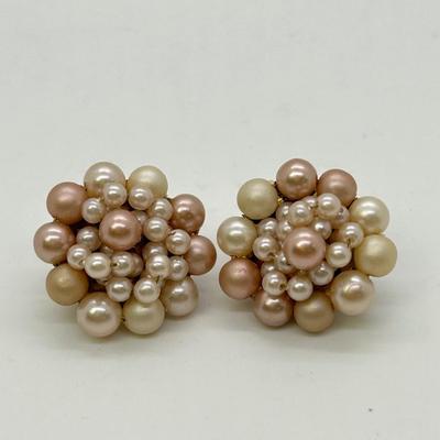 Vintage Champagne Faux Pearl Cluster Button Clip Style Earrings Japan