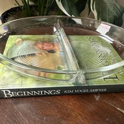 Vintage divided glass bowl and book.