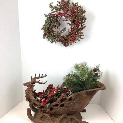 348 Large Sleigh, Faux Greens, Poinsettia Place Card Holders