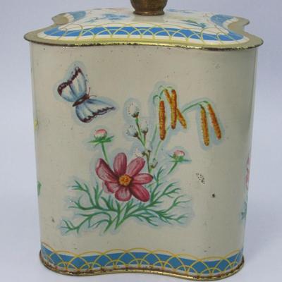 Vintage Biscuit Metal Tin Lidded Canister Floral Butterfly Mid Century Graphic Design