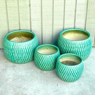 Set Of Four (4) ~ Teal Glazed Pottery Planters