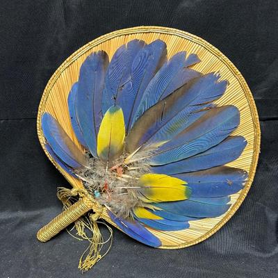 Vintage Retro Bamboo Reed Hand Fan with Blue & Gold Macaw Parrot Feathers Attached