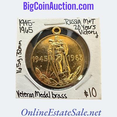 1945-1965 RUSSIA M&T 20 YEARS VICTORY VETERAN MEDAL BRASS COIN