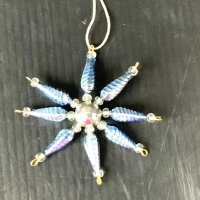 Lot 362  Vintage LT. Blue Blown Mercury Glass Beaded Snowflake