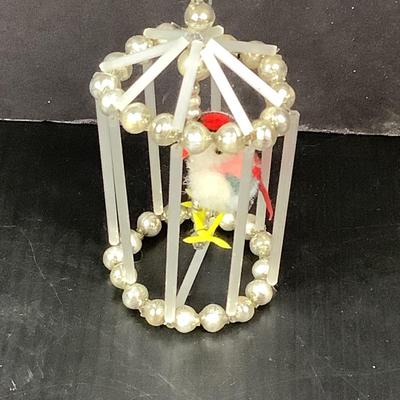 Lot 363 Vintage Gablonzer ( 1990 ) Blown Mercury Glass Beaded Bird Cage with Bird
