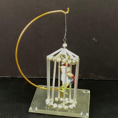 Lot 363 Vintage Gablonzer ( 1990 ) Blown Mercury Glass Beaded Bird Cage with Bird