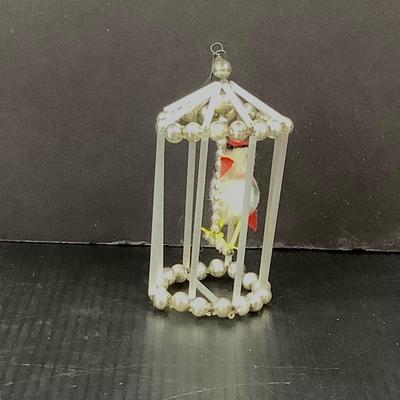 Lot 363 Vintage Gablonzer ( 1990 ) Blown Mercury Glass Beaded Bird Cage with Bird