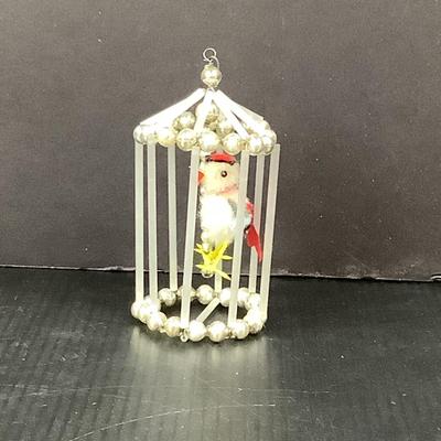 Lot 363 Vintage Gablonzer ( 1990 ) Blown Mercury Glass Beaded Bird Cage with Bird