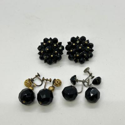 Three Pairs of Black Rhinestone Faceted Bead Clip Style and Screw Back Earrings