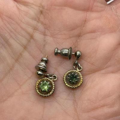 Pair of Gold Tone Medallion Dangle Earrings with Green Rhinestone Center for Pierced Ears
