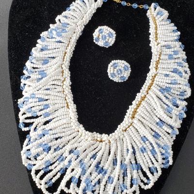 Blue and White Beaded Collar and Earrings