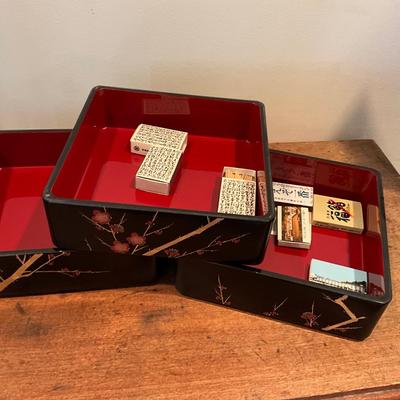 MH-1013 Japanese Wooden Doll Collection with Lacquered Three Tier Box