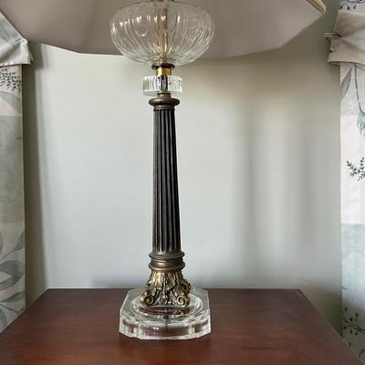 MB-1031 Vintage Crystal and Brass Classic Column Lamp with Silk Shade