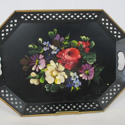 Vintage Hand Painted Nashco Black & Floral Toleware Large Lattice-Edged Tray